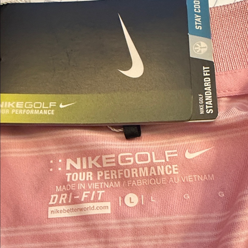 Nike Dry Fit Tour Performance Polo Pink White Golf Shirt Size Large - Picture 5 of 6